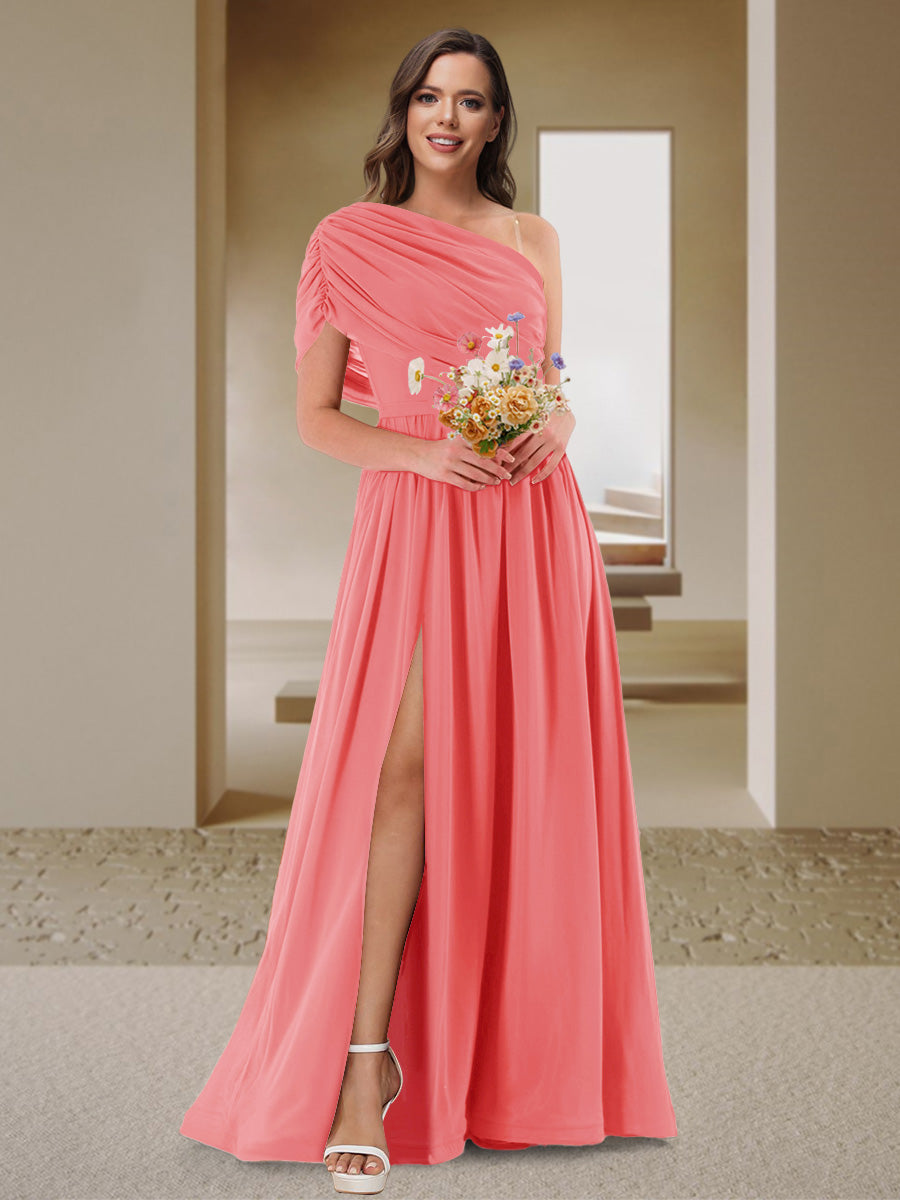 A-Line/Princess One-Shoulder Ruched Satin Bridesmaid Dresses with Side Slit Coral