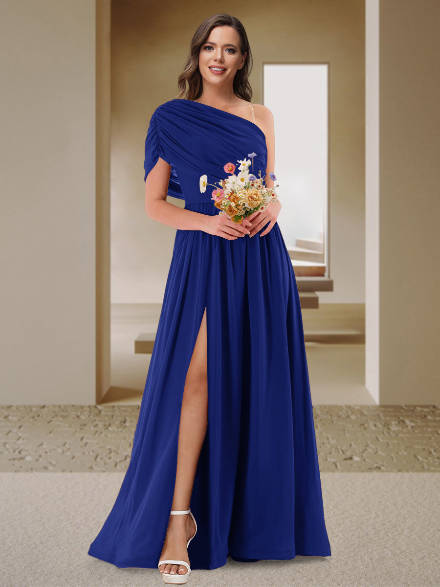 A-Line/Princess One-Shoulder Ruched Satin Bridesmaid Dresses with Side Slit Dark Royal Blue