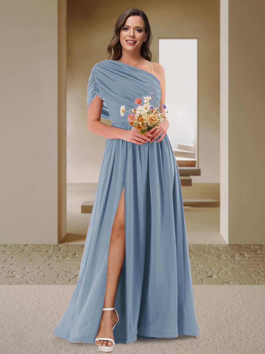 A-Line/Princess One-Shoulder Ruched Satin Bridesmaid Dresses with Side Slit Dusty Blue