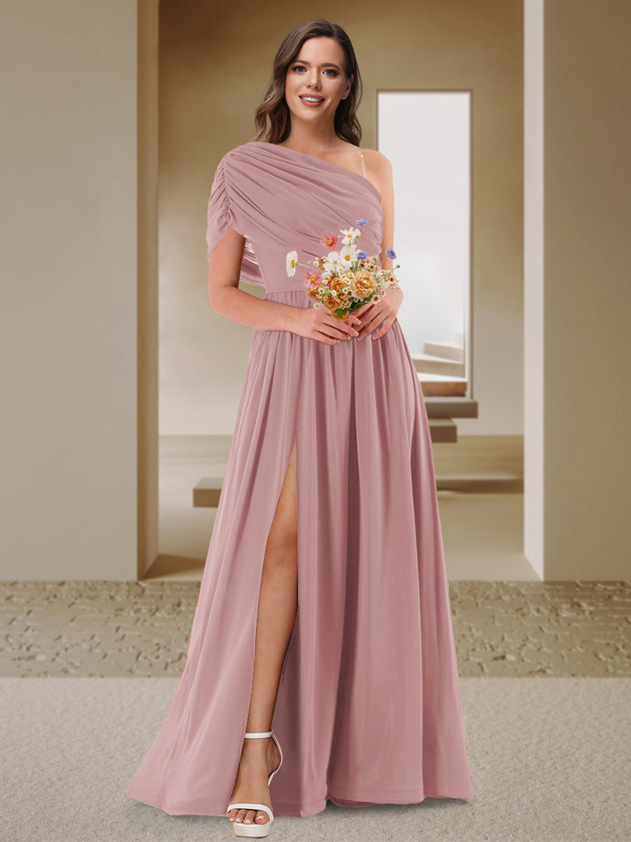 A-Line/Princess One-Shoulder Ruched Satin Bridesmaid Dresses with Side Slit Dusty Pink