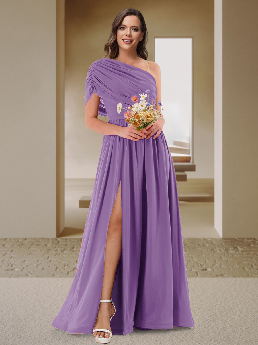 A-Line/Princess One-Shoulder Ruched Satin Bridesmaid Dresses with Side Slit Dusty Purple