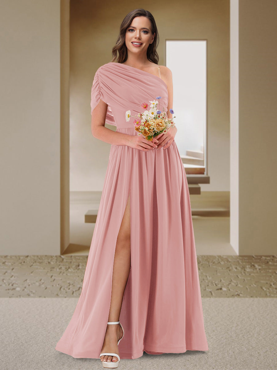 A-Line/Princess One-Shoulder Ruched Satin Bridesmaid Dresses with Side Slit Dusty Rose