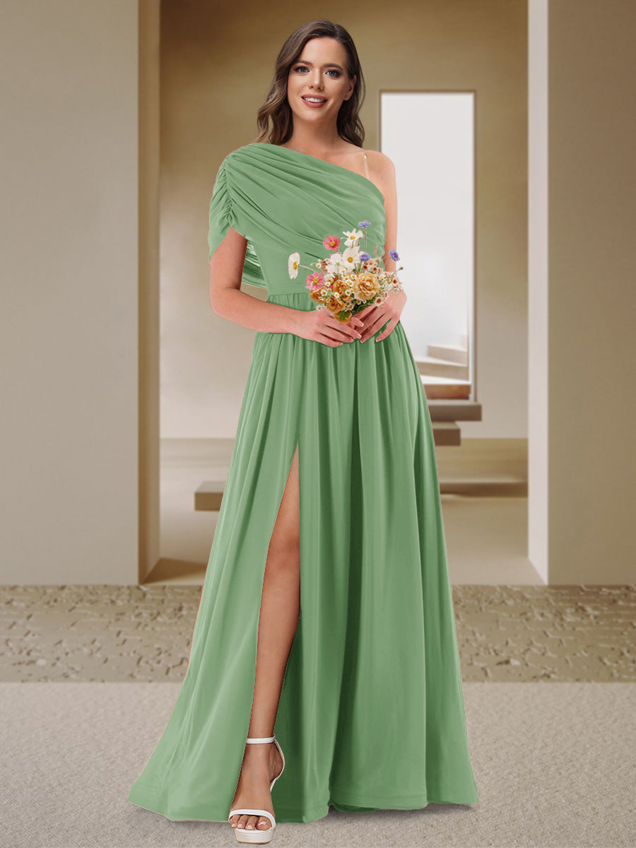 A-Line/Princess One-Shoulder Ruched Satin Bridesmaid Dresses with Side Slit Dusty Sage