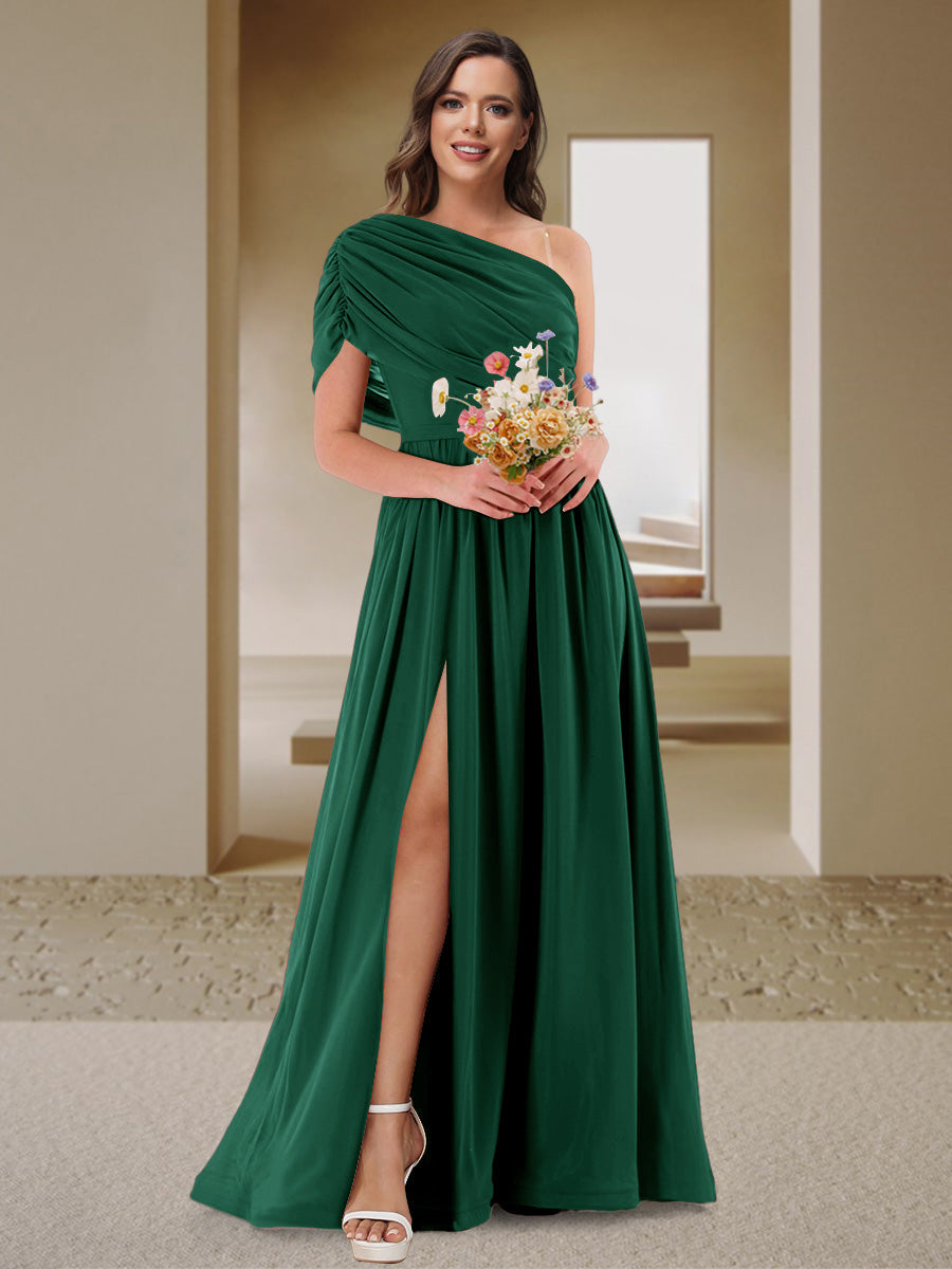 A-Line/Princess One-Shoulder Ruched Satin Bridesmaid Dresses with Side Slit Emerald