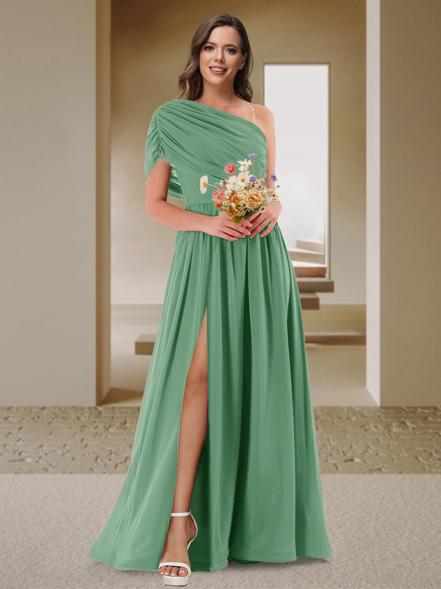 A-Line/Princess One-Shoulder Ruched Satin Bridesmaid Dresses with Side Slit Eucalyptus