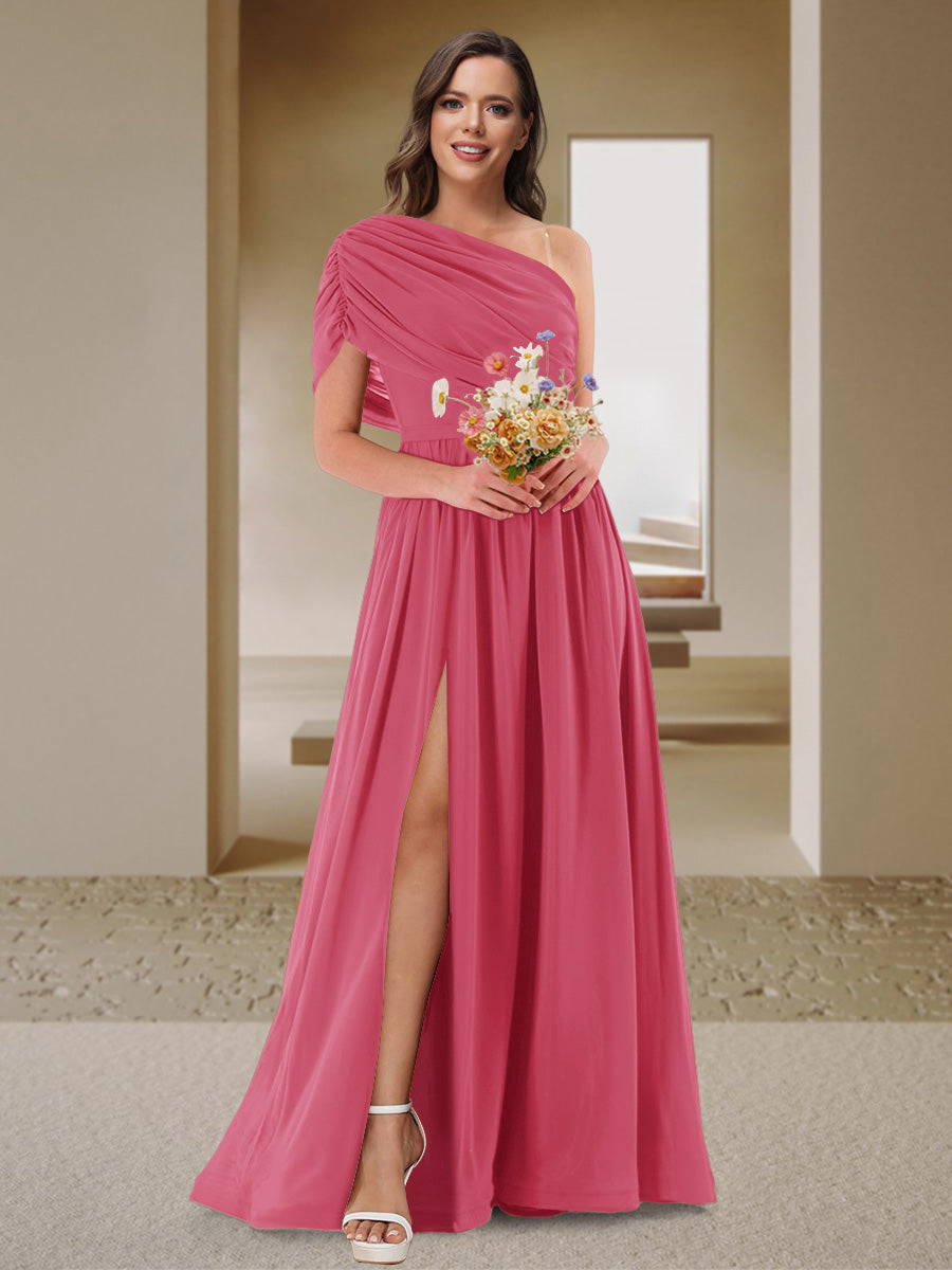A-Line/Princess One-Shoulder Ruched Satin Bridesmaid Dresses with Side Slit Fuchsia