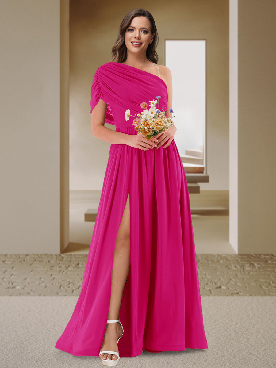 A-Line/Princess One-Shoulder Ruched Satin Bridesmaid Dresses with Side Slit Fuchsia Pink