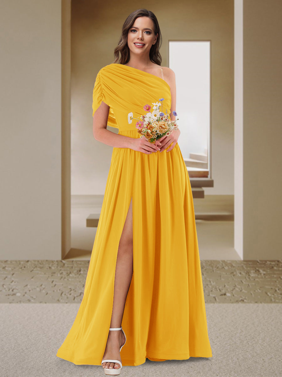 A-Line/Princess One-Shoulder Ruched Satin Bridesmaid Dresses with Side Slit Gold