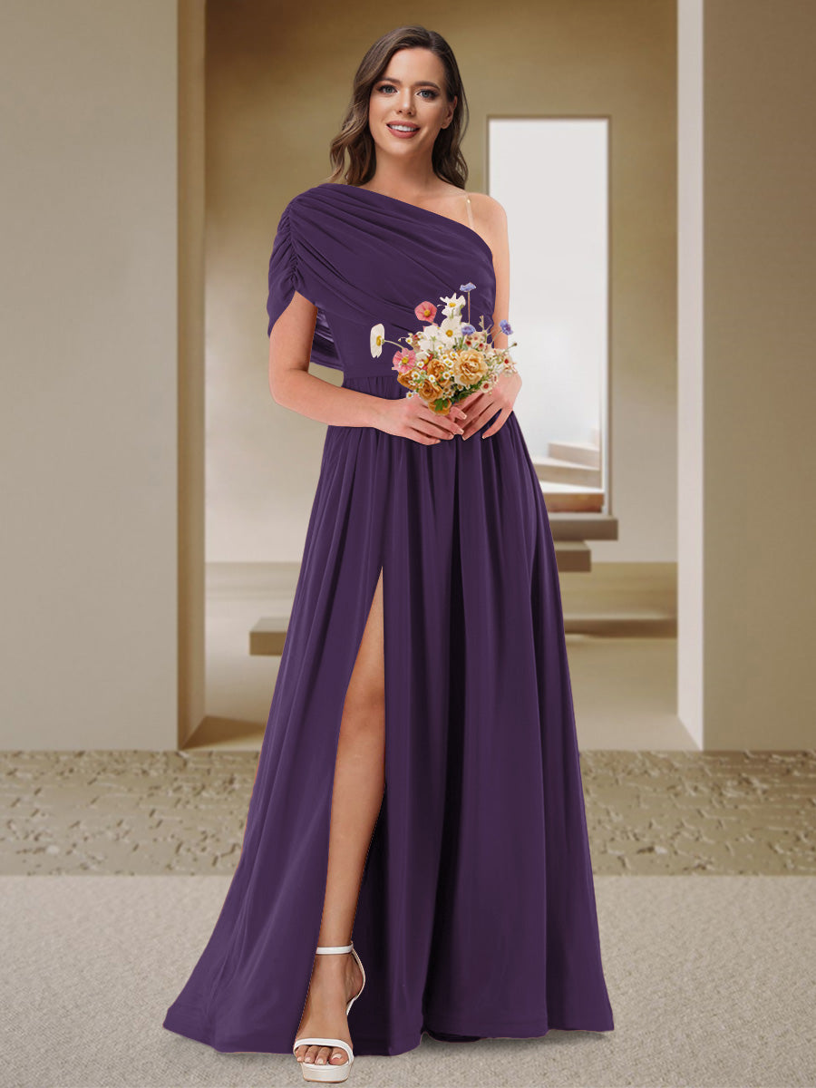 A-Line/Princess One-Shoulder Ruched Satin Bridesmaid Dresses with Side Slit Grape