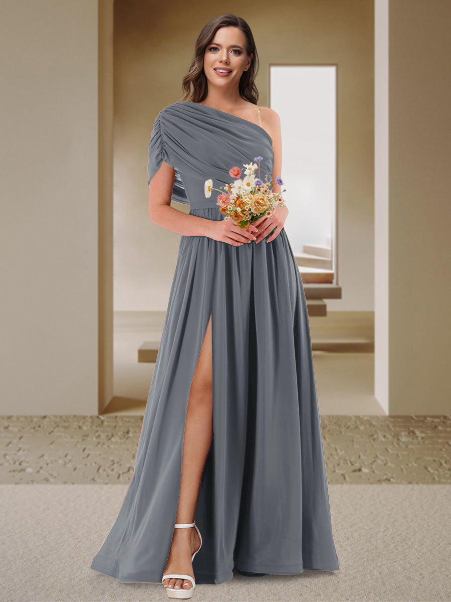 A-Line/Princess One-Shoulder Ruched Satin Bridesmaid Dresses with Side Slit Gray