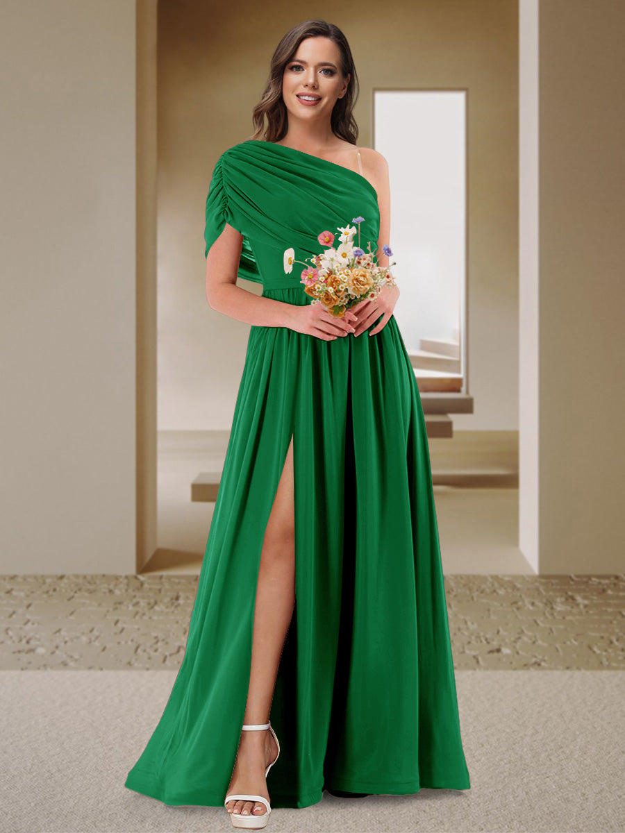 A-Line/Princess One-Shoulder Ruched Satin Bridesmaid Dresses with Side Slit Green