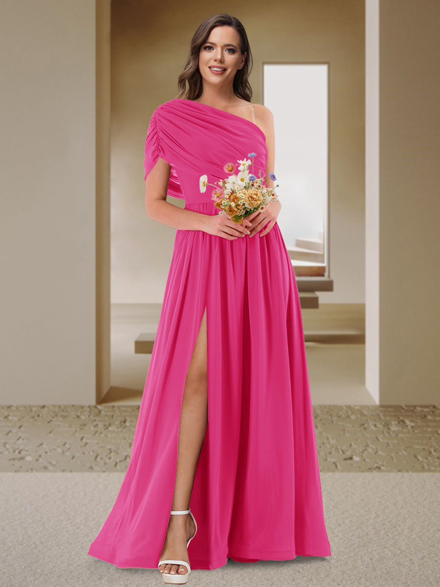 A-Line/Princess One-Shoulder Ruched Satin Bridesmaid Dresses with Side Slit Hot Pink