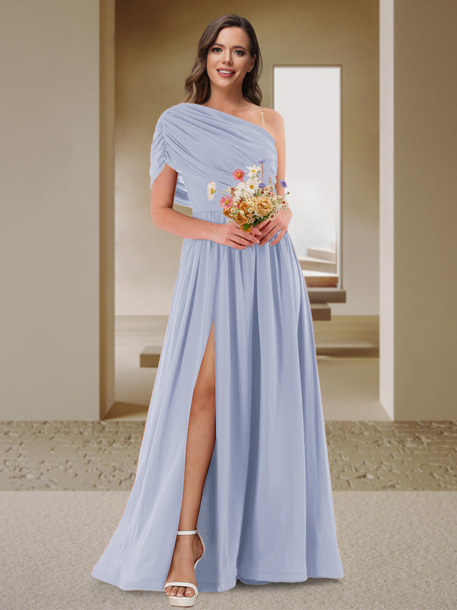 A-Line/Princess One-Shoulder Ruched Satin Bridesmaid Dresses with Side Slit Lavender
