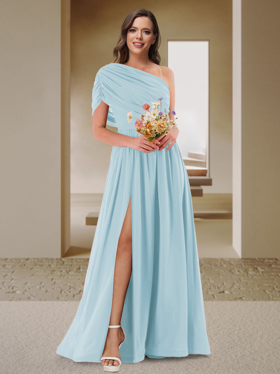 A-Line/Princess One-Shoulder Ruched Satin Bridesmaid Dresses with Side Slit Light Blue