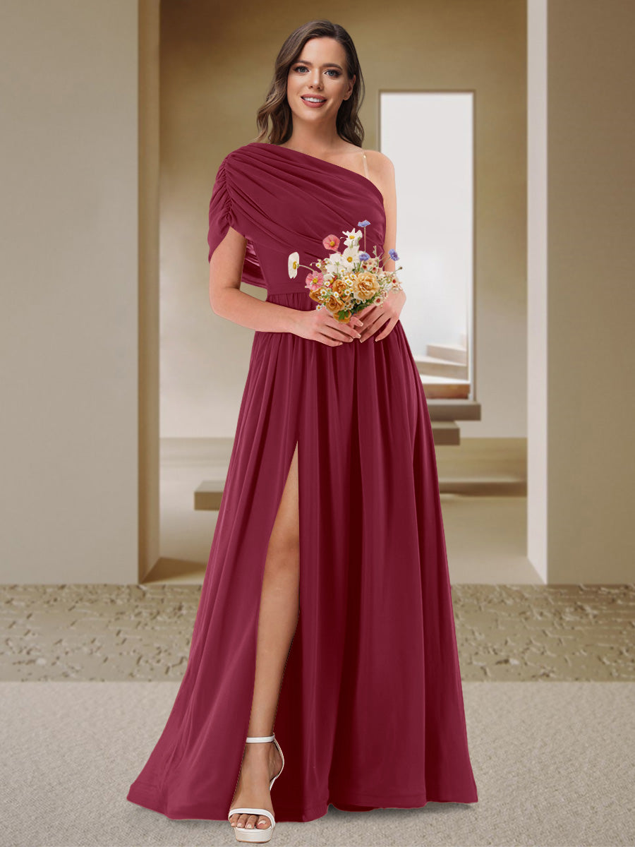 A-Line/Princess One-Shoulder Ruched Satin Bridesmaid Dresses with Side Slit Light Burgundy