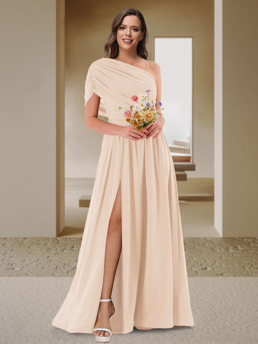 A-Line/Princess One-Shoulder Ruched Satin Bridesmaid Dresses with Side Slit Light Champagne