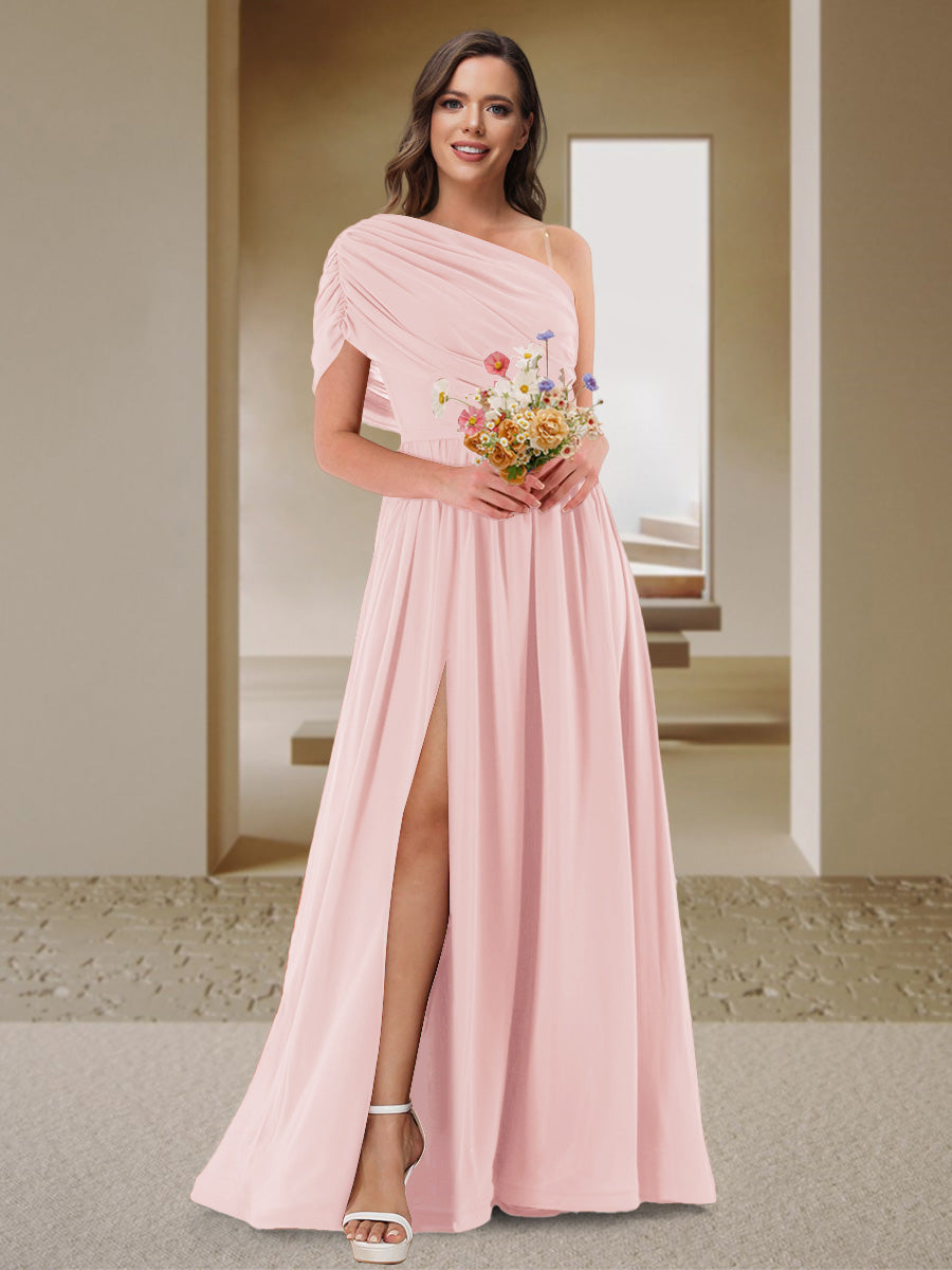 A-Line/Princess One-Shoulder Ruched Satin Bridesmaid Dresses with Side Slit Light Pink