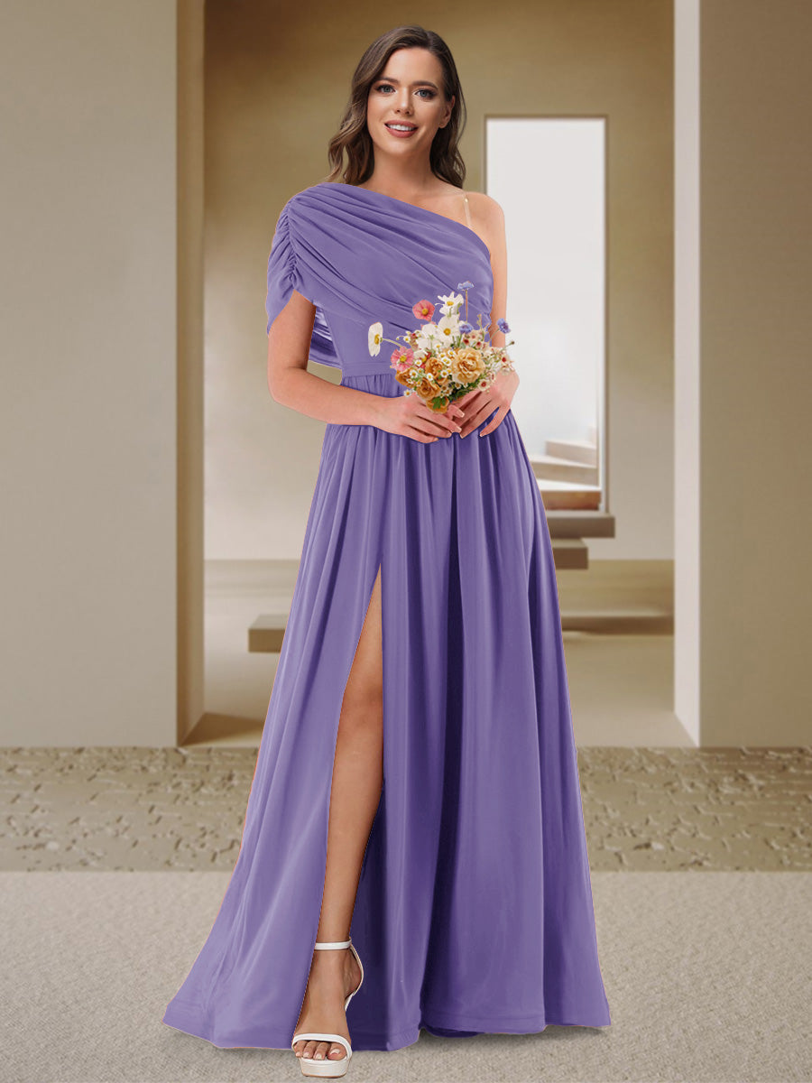 A-Line/Princess One-Shoulder Ruched Satin Bridesmaid Dresses with Side Slit Light Purple