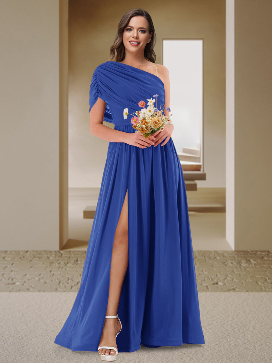 A-Line/Princess One-Shoulder Ruched Satin Bridesmaid Dresses with Side Slit Light Royal Blue