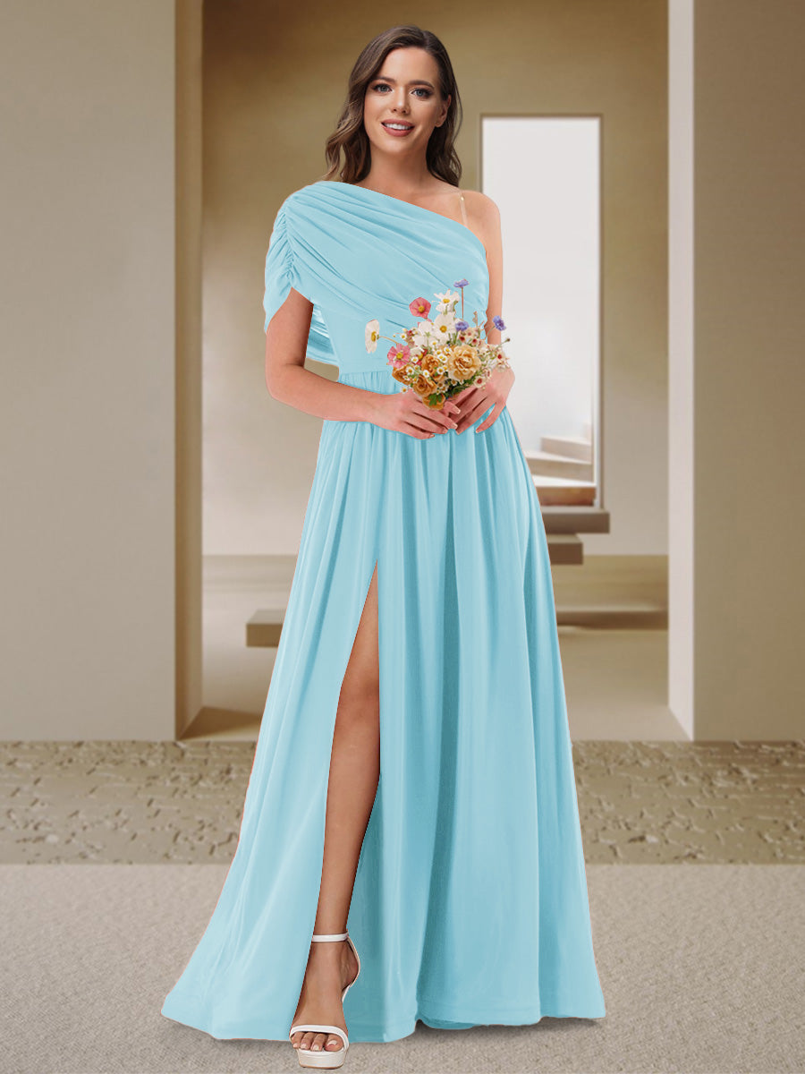 A-Line/Princess One-Shoulder Ruched Satin Bridesmaid Dresses with Side Slit Light Sky Blue