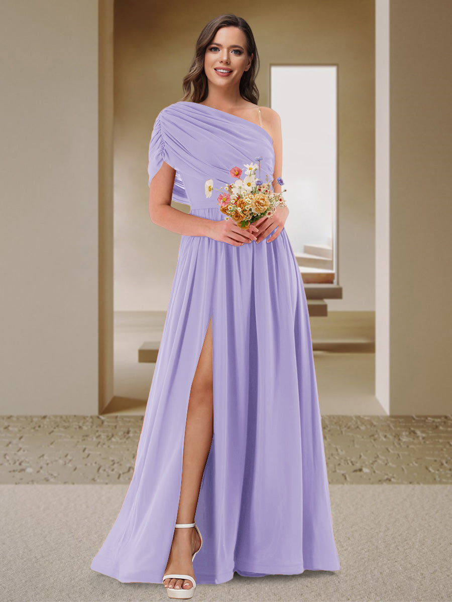 A-Line/Princess One-Shoulder Ruched Satin Bridesmaid Dresses with Side Slit Lilac