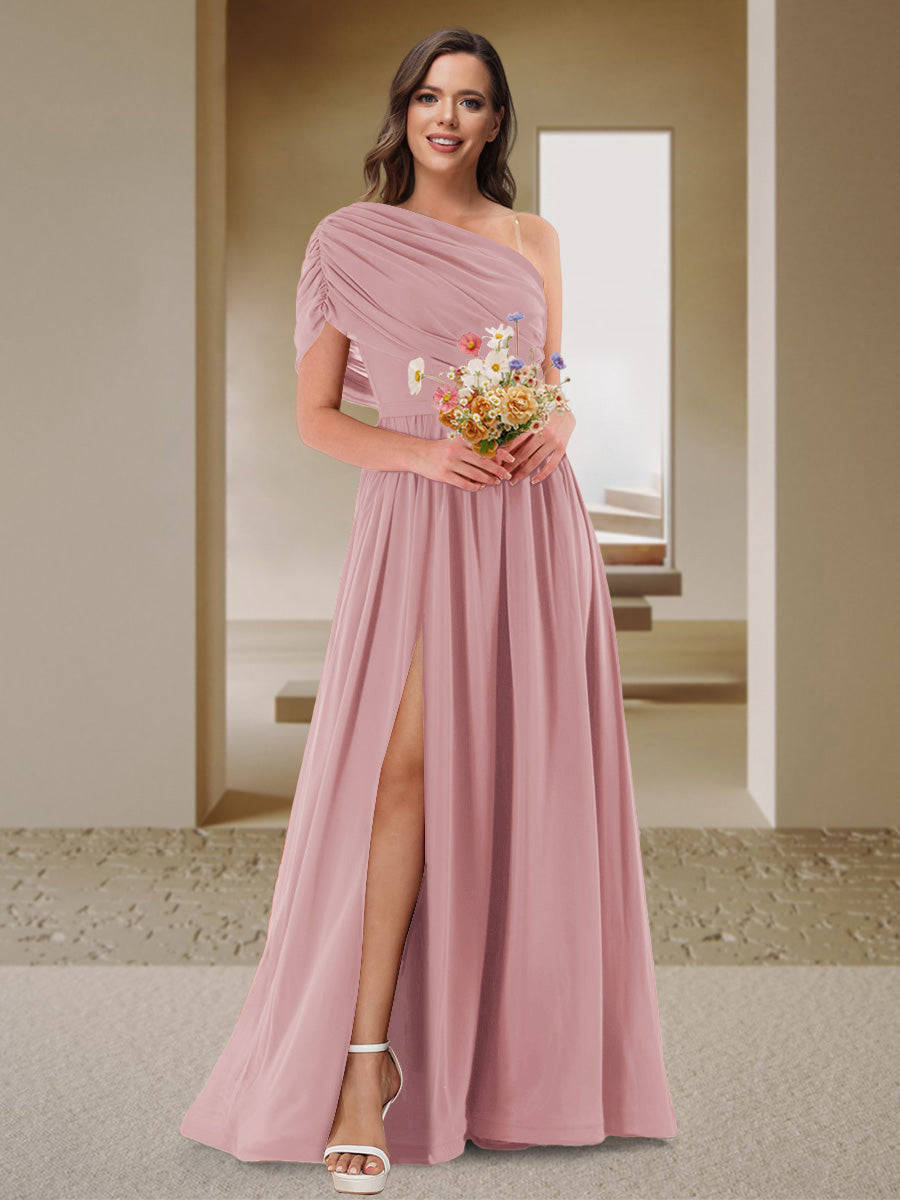 A-Line/Princess One-Shoulder Ruched Satin Bridesmaid Dresses with Side Slit Mauve