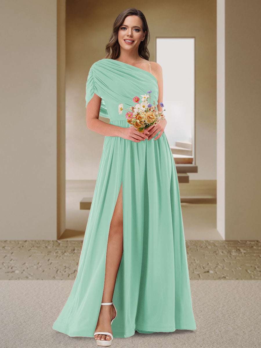 A-Line/Princess One-Shoulder Ruched Satin Bridesmaid Dresses with Side Slit Mint Green