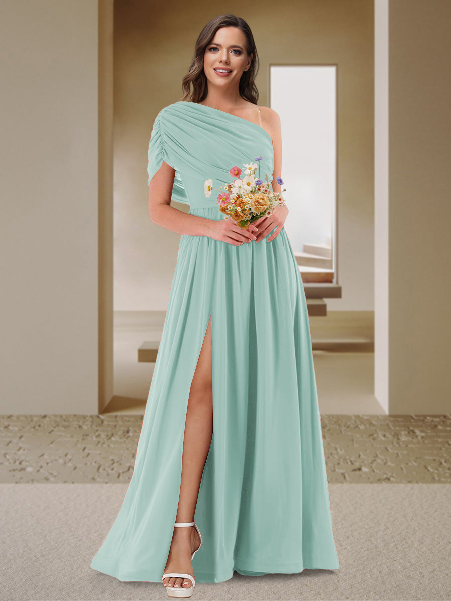 A-Line/Princess One-Shoulder Ruched Satin Bridesmaid Dresses with Side Slit Mist Blue