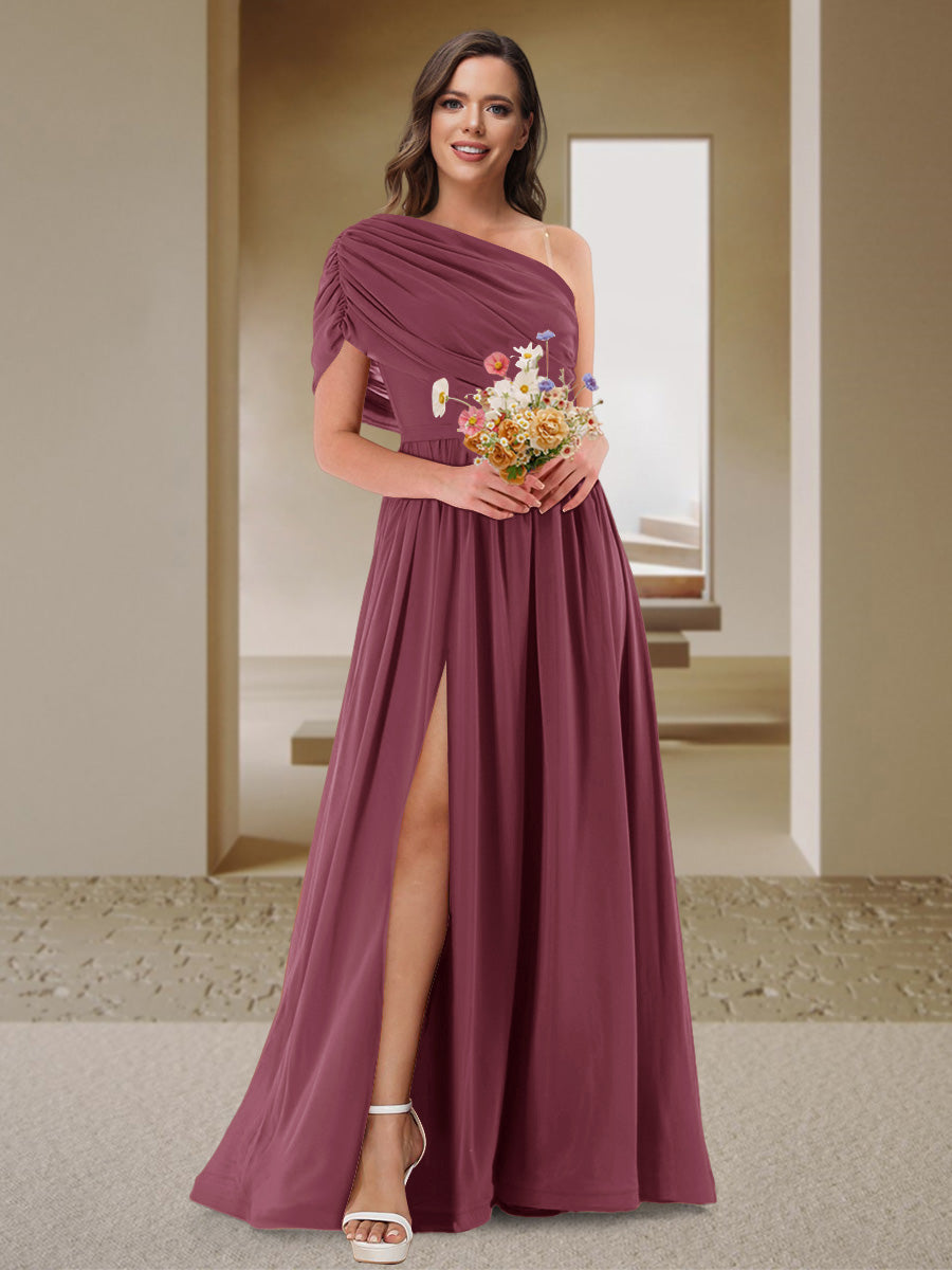 A-Line/Princess One-Shoulder Ruched Satin Bridesmaid Dresses with Side Slit Mulberry