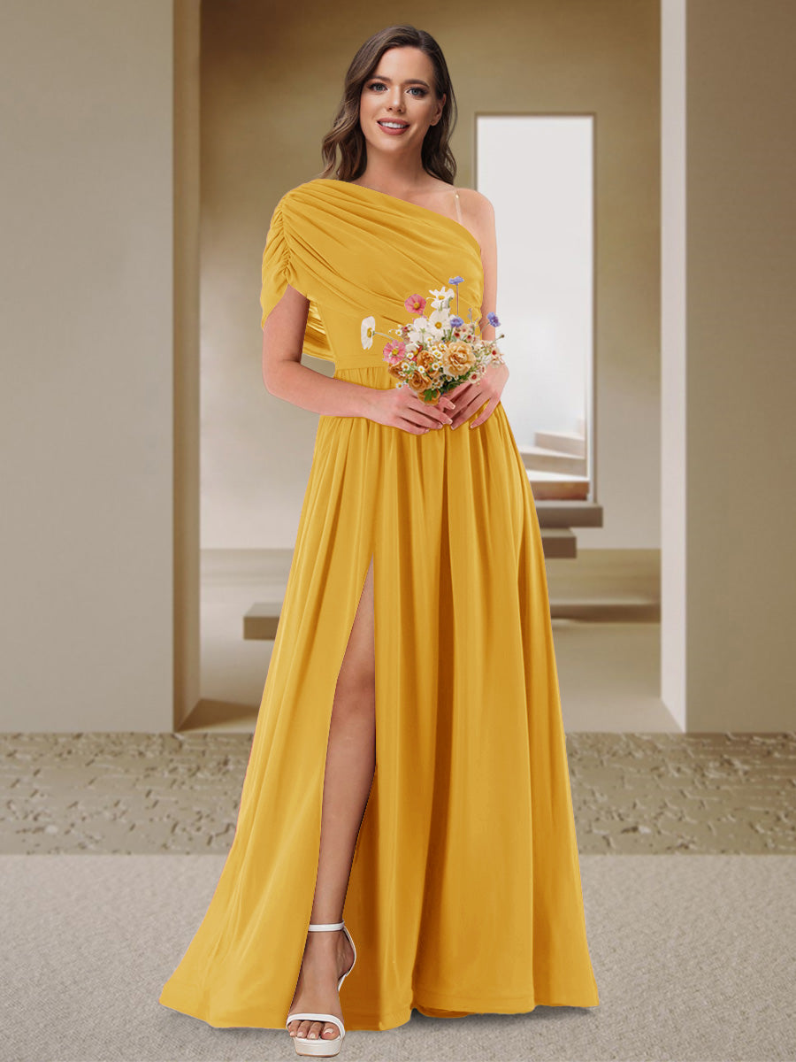A-Line/Princess One-Shoulder Ruched Satin Bridesmaid Dresses with Side Slit Mustard Yellow