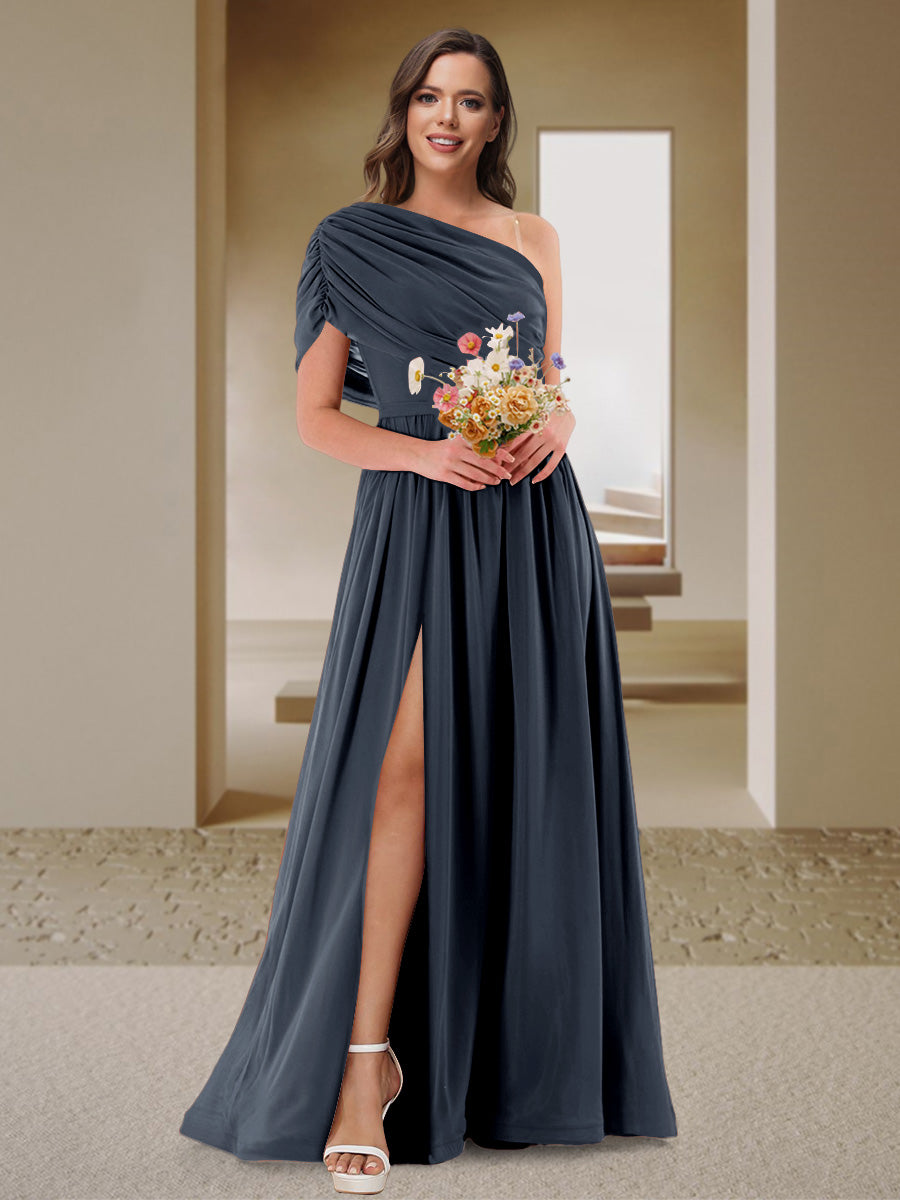 A-Line/Princess One-Shoulder Ruched Satin Bridesmaid Dresses with Side Slit Navy Blue