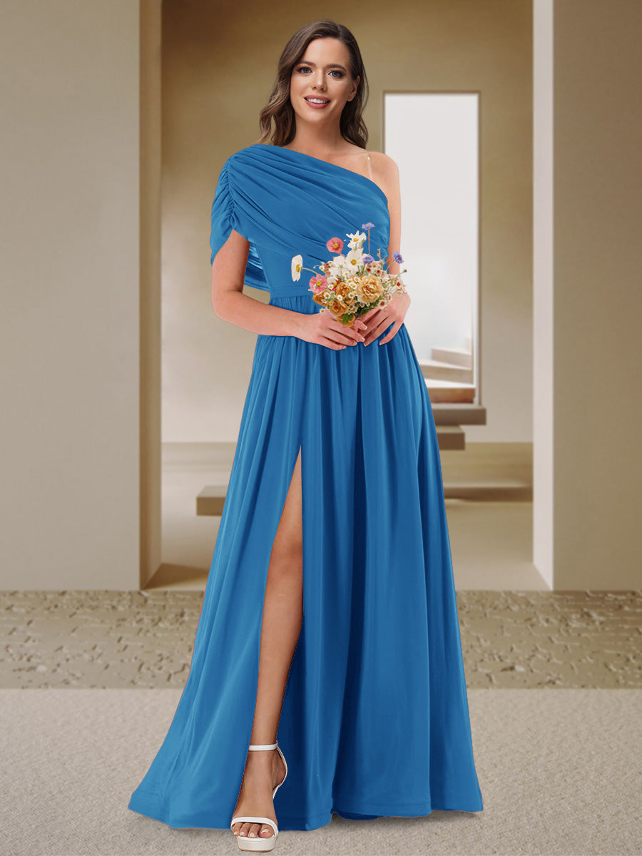 A-Line/Princess One-Shoulder Ruched Satin Bridesmaid Dresses with Side Slit Ocean Blue