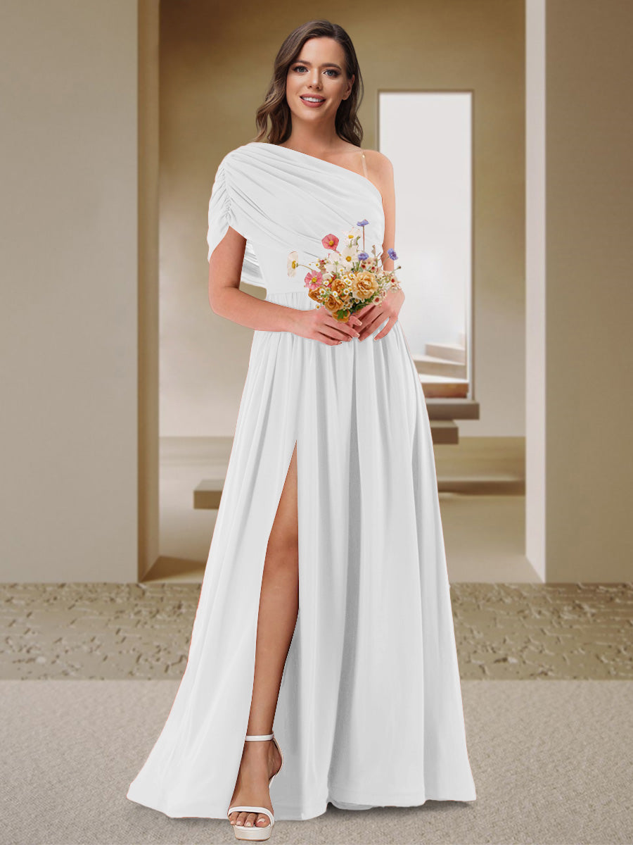 A-Line/Princess One-Shoulder Ruched Satin Bridesmaid Dresses with Side Slit Off White