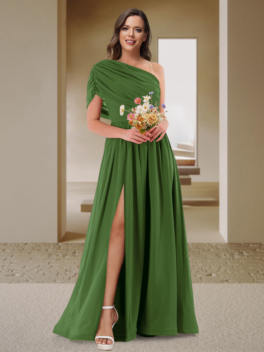 A-Line/Princess One-Shoulder Ruched Satin Bridesmaid Dresses with Side Slit Olive Green