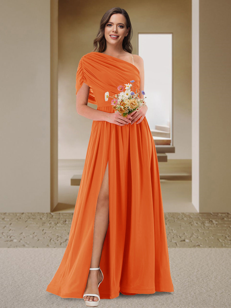 A-Line/Princess One-Shoulder Ruched Satin Bridesmaid Dresses with Side Slit Orange