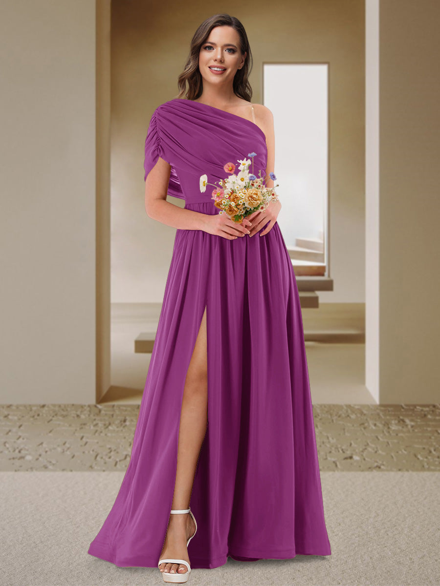 A-Line/Princess One-Shoulder Ruched Satin Bridesmaid Dresses with Side Slit Orchid