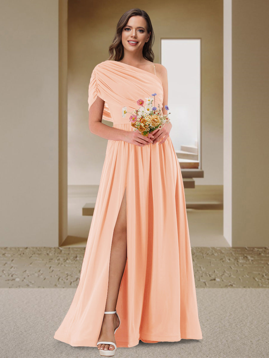 A-Line/Princess One-Shoulder Ruched Satin Bridesmaid Dresses with Side Slit Peach Pink