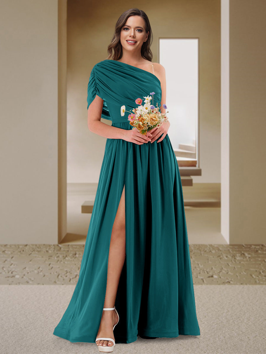 A-Line/Princess One-Shoulder Ruched Satin Bridesmaid Dresses with Side Slit Peacock