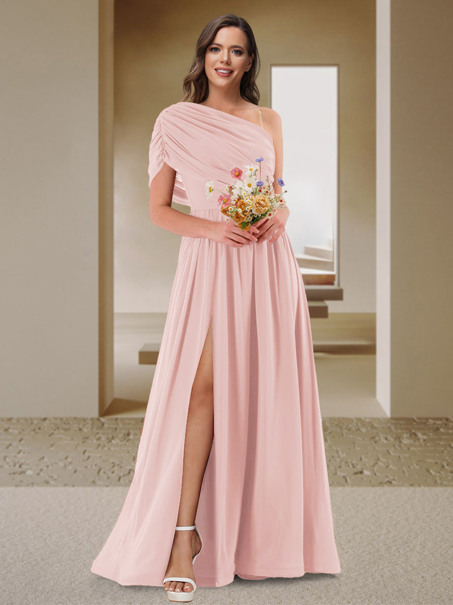 A-Line/Princess One-Shoulder Ruched Satin Bridesmaid Dresses with Side Slit Pearl Pink