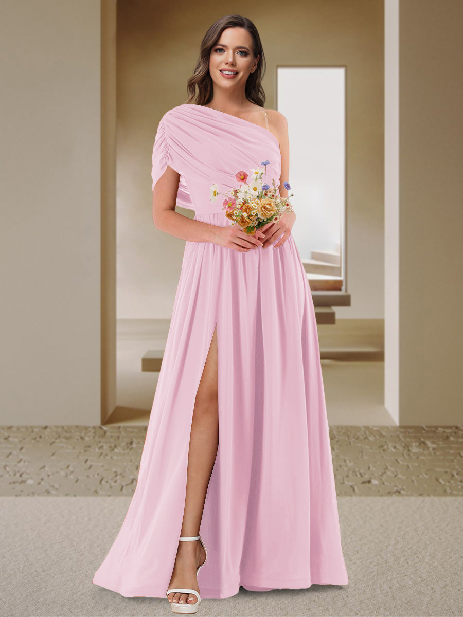 A-Line/Princess One-Shoulder Ruched Satin Bridesmaid Dresses with Side Slit Pink