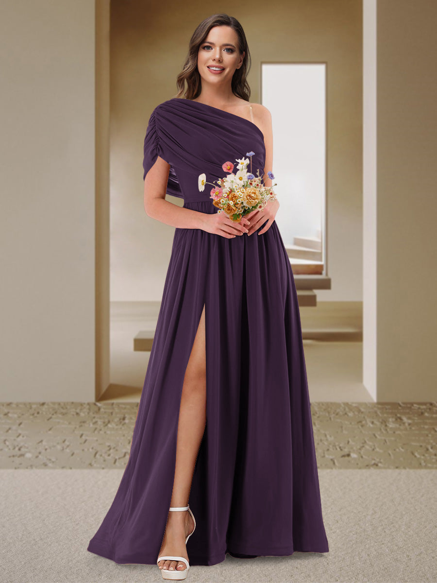 A-Line/Princess One-Shoulder Ruched Satin Bridesmaid Dresses with Side Slit Plum