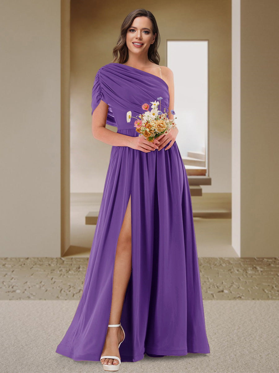 A-Line/Princess One-Shoulder Ruched Satin Bridesmaid Dresses with Side Slit Purple
