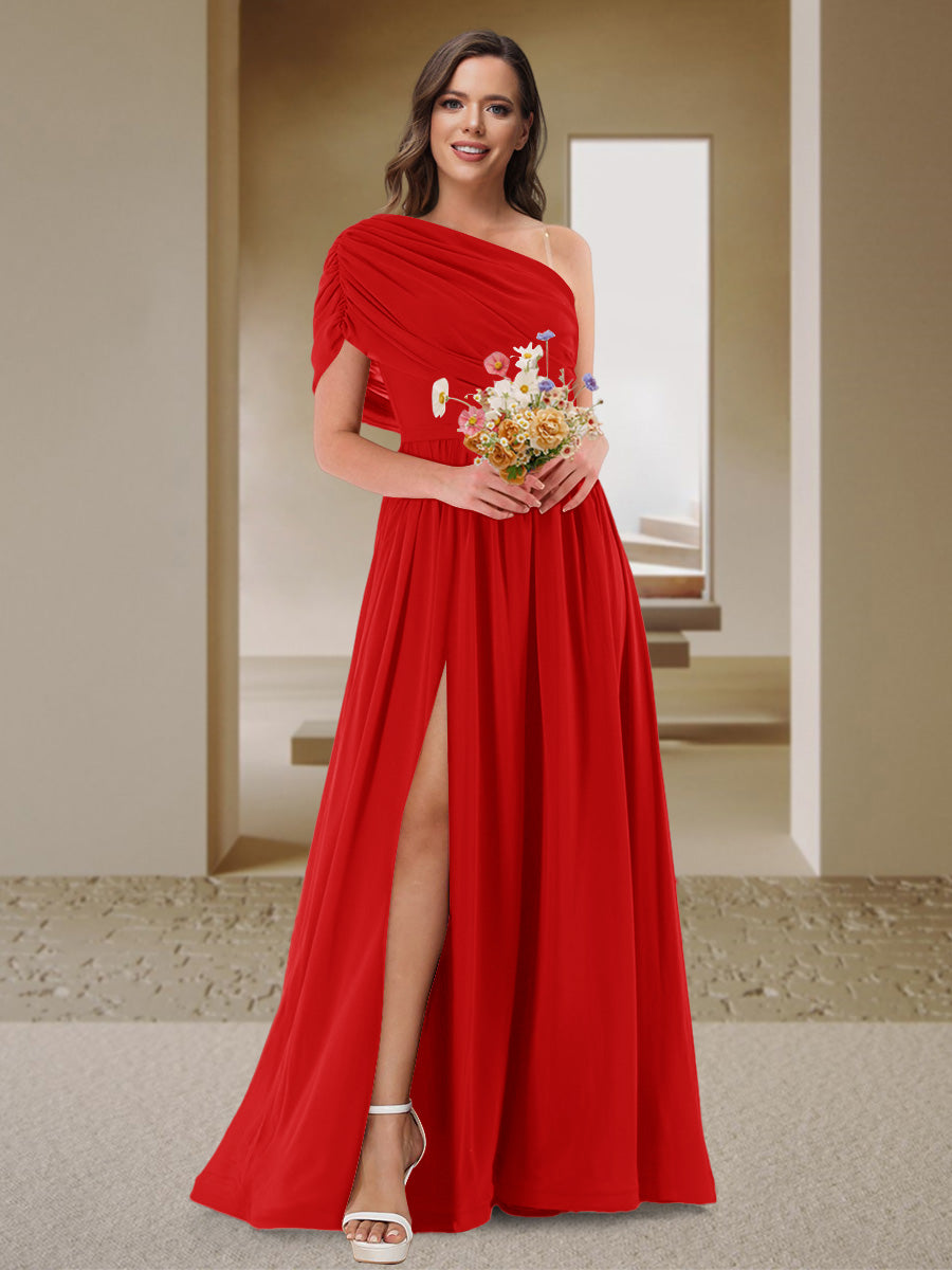 A-Line/Princess One-Shoulder Ruched Satin Bridesmaid Dresses with Side Slit Red