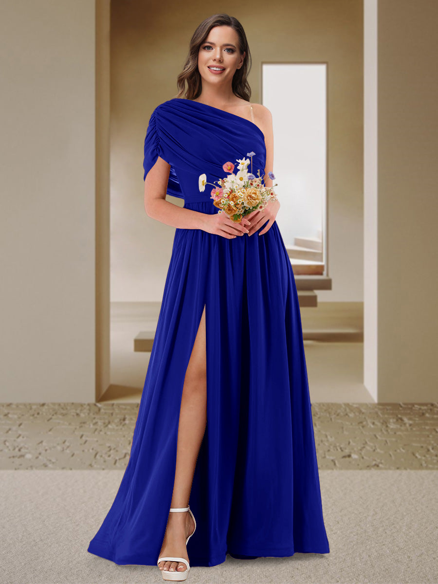 A-Line/Princess One-Shoulder Ruched Satin Bridesmaid Dresses with Side Slit Royal Blue