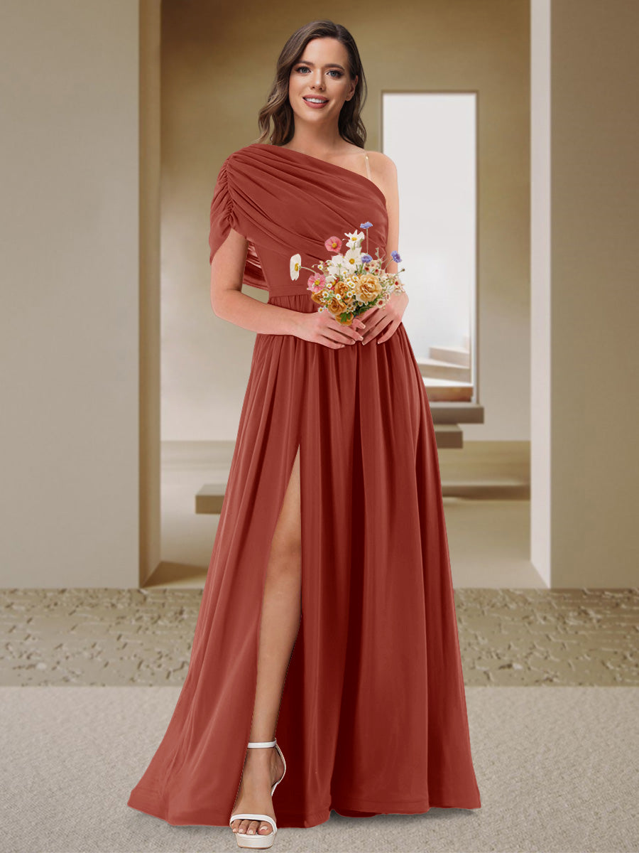 A-Line/Princess One-Shoulder Ruched Satin Bridesmaid Dresses with Side Slit Rust