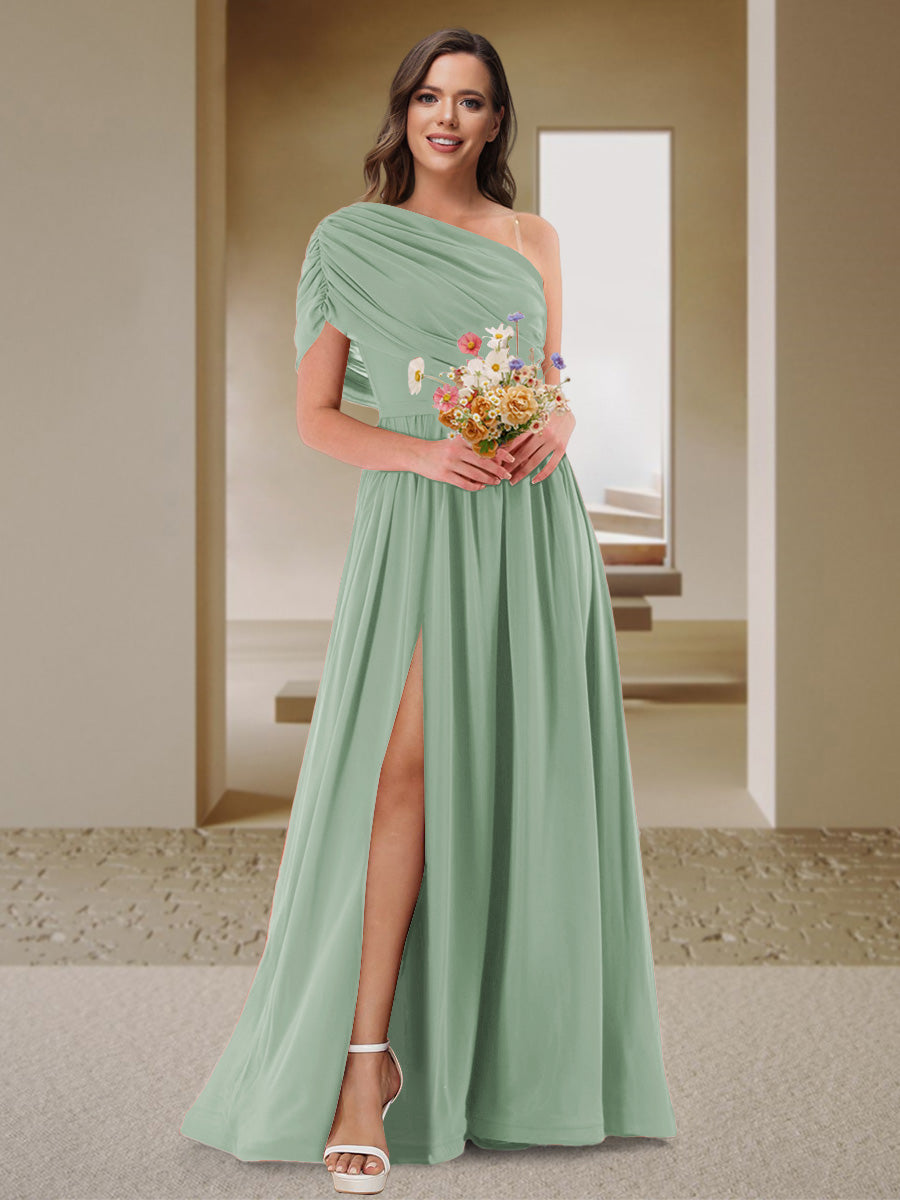 A-Line/Princess One-Shoulder Ruched Satin Bridesmaid Dresses with Side Slit Sage