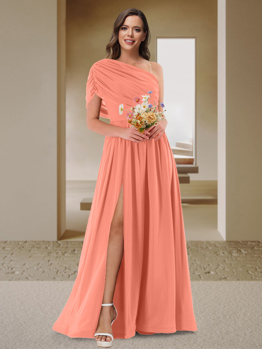 A-Line/Princess One-Shoulder Ruched Satin Bridesmaid Dresses with Side Slit Salmon