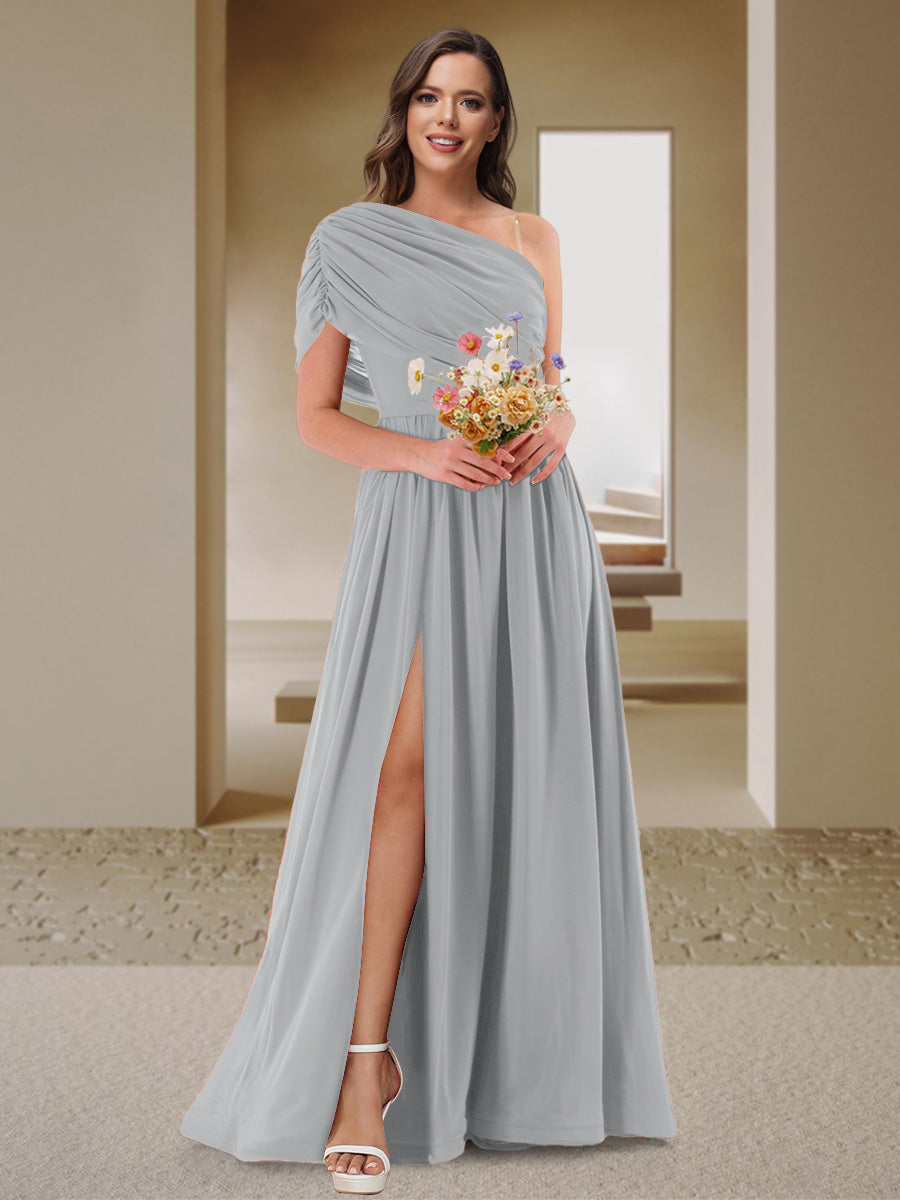 A-Line/Princess One-Shoulder Ruched Satin Bridesmaid Dresses with Side Slit Silver