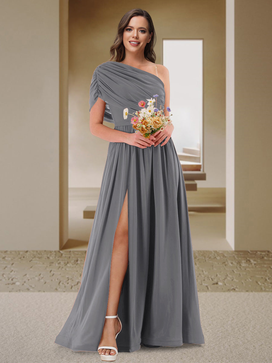 A-Line/Princess One-Shoulder Ruched Satin Bridesmaid Dresses with Side Slit Silver Gray