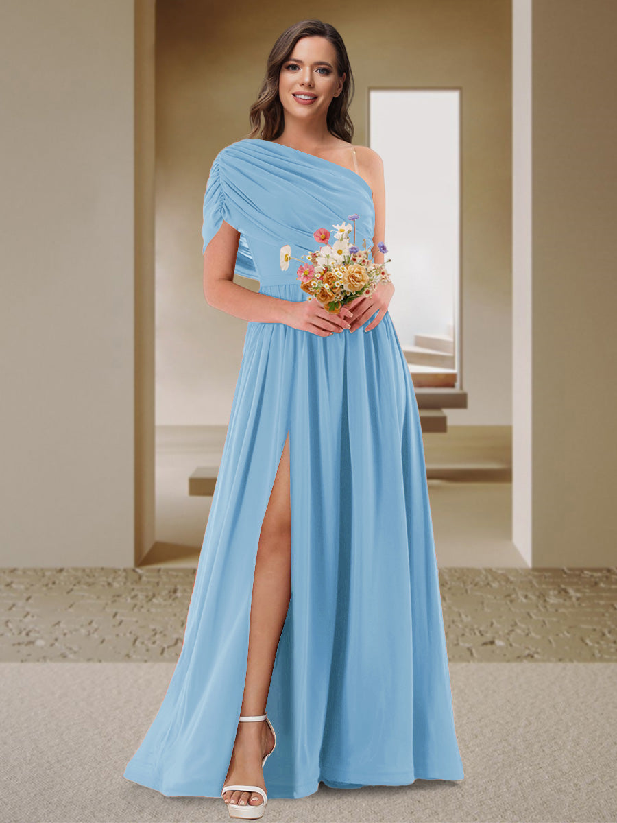 A-Line/Princess One-Shoulder Ruched Satin Bridesmaid Dresses with Side Slit Sky Blue